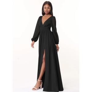 Charming OEM Chiffon Long Bridesmaid Dress A-Line V-Neck Long Sleeves Front
