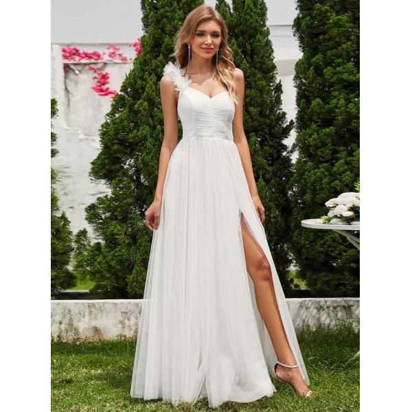 Exquisite One-shoulder Sweetheart Ruffled A-line Zipper Pleated High Slit White Tulle Bridesmaid Dress