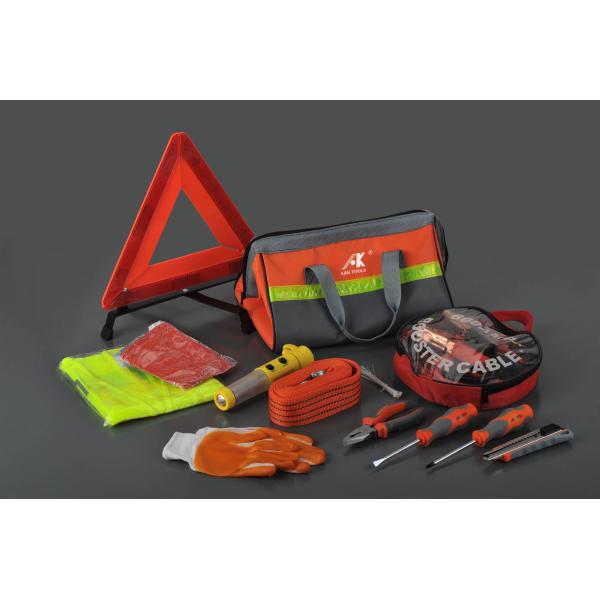 Buy 13 pcs auto emergency kit ,with booster cable,trailer rope,reflective vest ,gloves at wholesale prices