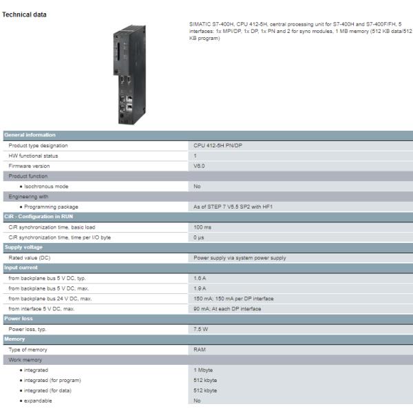 6ES7412-5HK06-0AB0 Siemens SIMATIC S7-400H CPU Module Programmable Controller