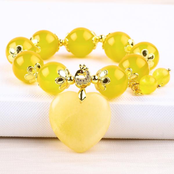 14MM Natural Energy Yellow Chalcedony With Yellow Jade Heart Carving Lucky Crystal Bead Bracelet