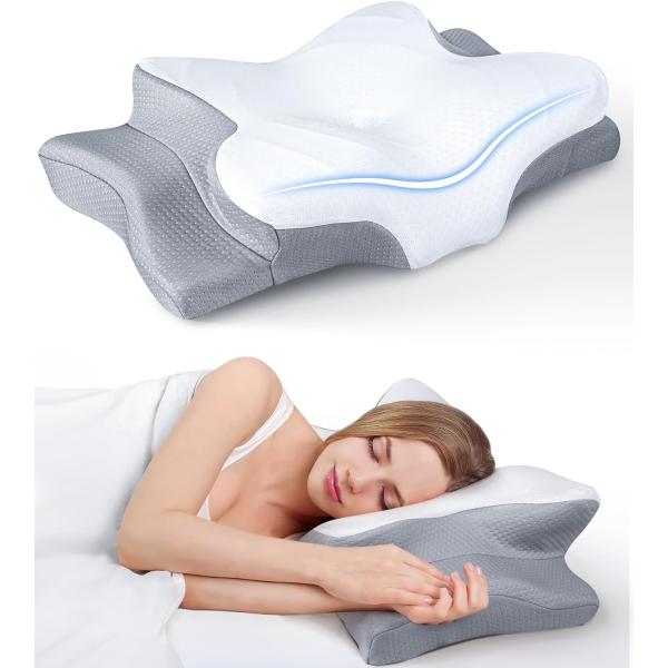 Molded Cooling Cervical Pillow Adjustable Neck Support for Side Back and Stomach Sleepers
