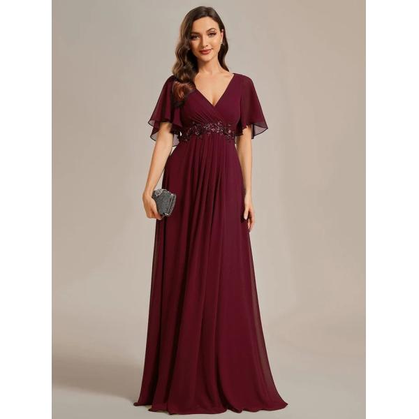 Sexy Empire Applique A-line Short Flutter Sleeves V-neck Invisible Zipper Dark Green Chiffon Evening Dress