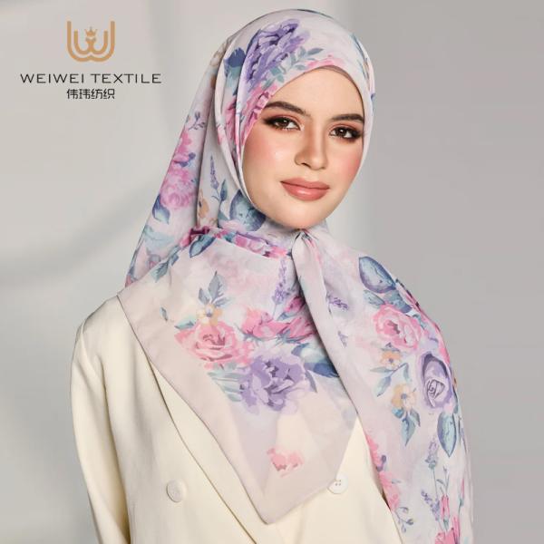 Cotton Voile Floral Design Hijab for Muslim Women Square Party Headscarf Tudung Bawal Spring Season Traditional Scarves Shawls