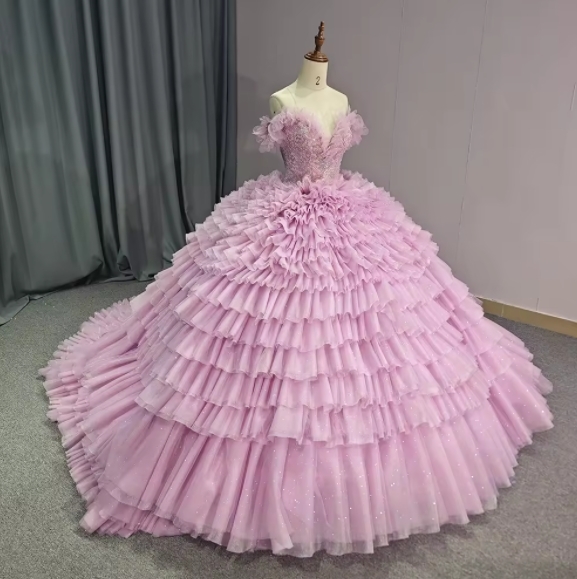 Elegant Off-the-shoulder Beaded V-neck Pink Multi-layer Skirt Tulle Quinceanera Ball Gowns Cake Dresses For 15 Girls