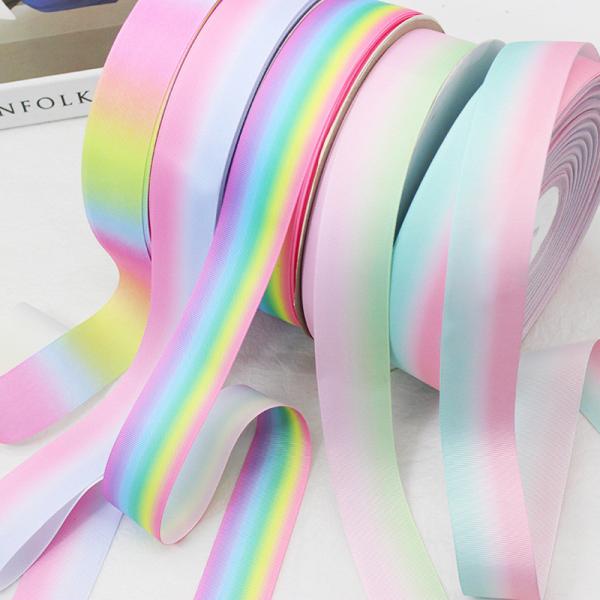 Buy Gradient Rainbow Ribbed Ribbon Heat Transfer Printing DIY Bow Headband Gift Box Packaging Auxiliary Material Ribbon for Hair Accessories at wholesale prices