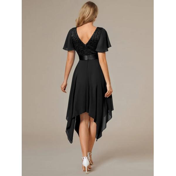 Asymmetrical Hem V-neck Empire Waist A-line Short Sleeves Knee-length Black Lace Chiffon Evening Dress