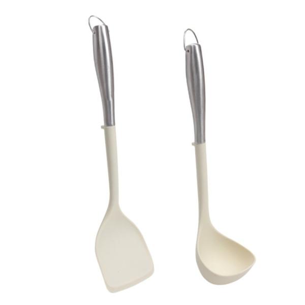 Silicone Stainless Steel Kitchen CookinUtensils Set 2-Pieces Flexible Silicone Head Cooking Utensil With Spatula, Ladle