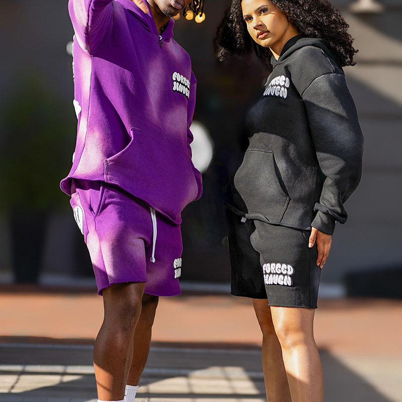 Custom Acid Washed Vintage Puff Print Joggers Streetwear Cropped Hoodie Sun Faded Sweatsuit Men Tracksuit Hoodie and Shorts Set