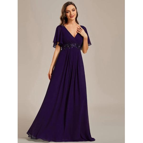 Sexy Empire Applique A-line Short Flutter Sleeves V-neck Invisible Zipper Dark Purple Chiffon Bridesmaid Dress