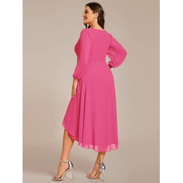 Plus Size Ruffled A-line Long Sleeve V-neck High Low Wedding Guest Hot Pink Chiffon Homecoming Dress