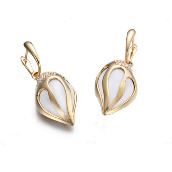 18K Yellow Gold Diamonds White Agate Drop Pendant Earrings Jewelry (GDSET005)