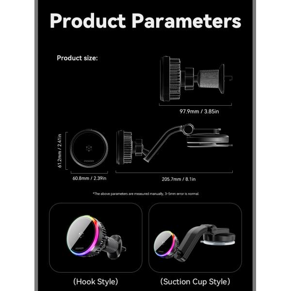 ESSAGER T2 15W Wireless Fast Charging Vacuum Suction Magnetic Car Phone Holder 360 Rotation