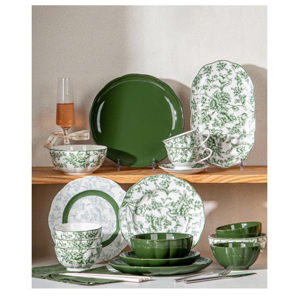 Green Floral Ceramic Plates Sets For 6 Users Exquisite Porcelain Utensils Included
