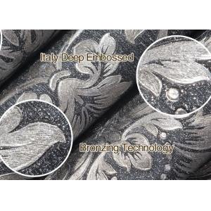 Removable Embossed Vinyl Wallpaper with Sliver and Black Damask Pattern