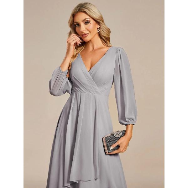 Elegant Empire Long Sleeve V-neck High Low A-line Ruffled Midi Grey Chiffon Wedding Guest Graduation Dress