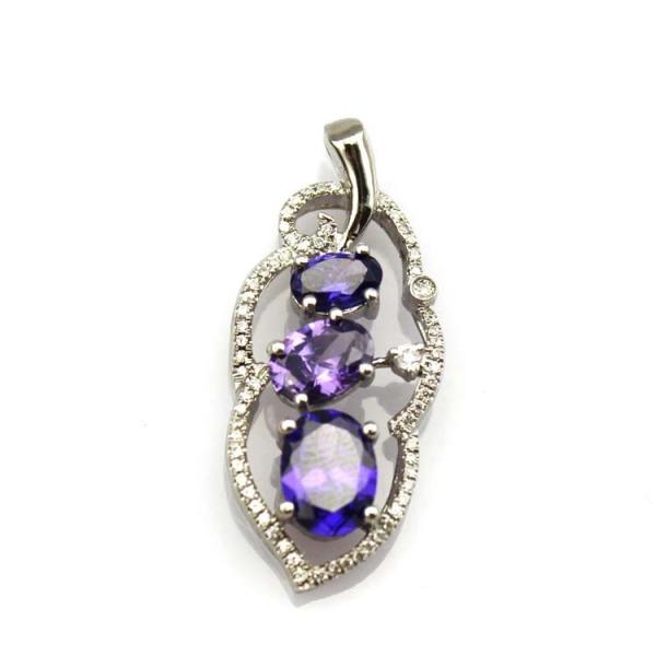925 Silver Jewelry Amethyat CZ Diamonds Leaf ShapeThree Stones Pendant (PSJ0382)