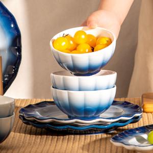 Gradient Blue And White Dinnerware Set Ceramic Floral Bone Tableware For Mother