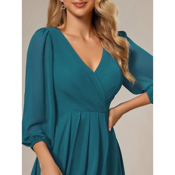 Elegant Empire Long Sleeve V-neck High Low A-line Ruffled Midi Teal Chiffon Wedding Guest Prom Dress