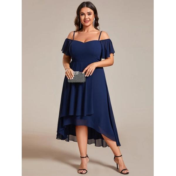Empire Off-shoulder Spaghetti Strap Zipper High-low Wedding Guest Dresses Short Sleeves Navy Blue Chiffon Party Dress