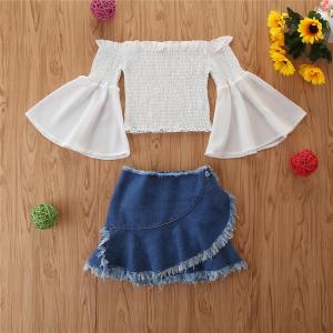 China 110cm Trumpet Sleeve Shirt Children'S Outfit Sets Denim Skirt With Tassels OEM on sale