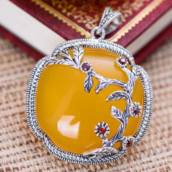 Yellow Chalcedony Charm 925 Silver Vintage Women Pendant Necklace (XH052043)