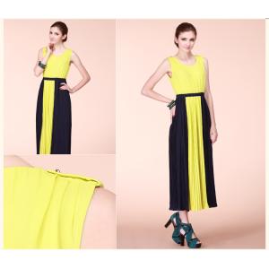 Contract Pleated Ankle Maxi Dress , Yellow Long Scoop A-line