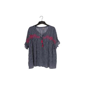 100% Rayon Ladies Striped Printing Blouse Big Embroidery Striped Womens Top