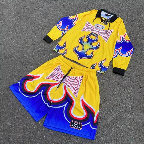 Custom Joggers Polyester Summer Short Set Basketball Football Flame Digital Print Men Long Sleeve t Shirt and Shorts Set Men