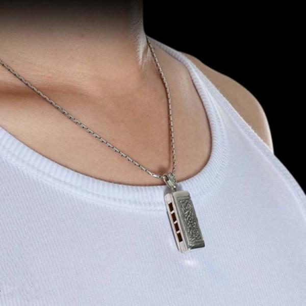 Retro Mens Sterling Silver Necklace with Mouth Organ Pendant and Wheat Chain (003817W)
