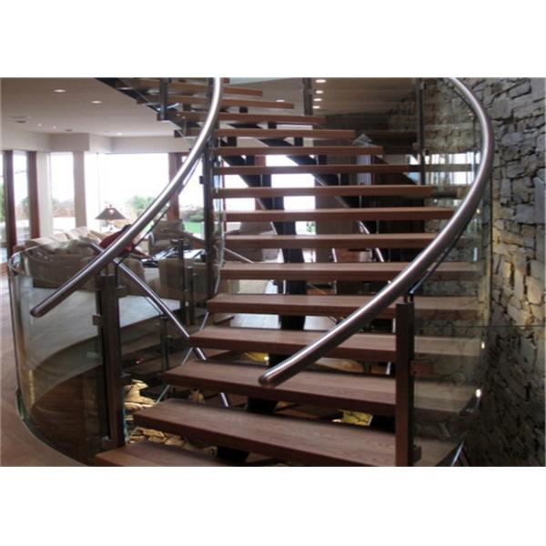 Rubber Wood Tread Curved Glass Staircase With Standoff Glass Railing