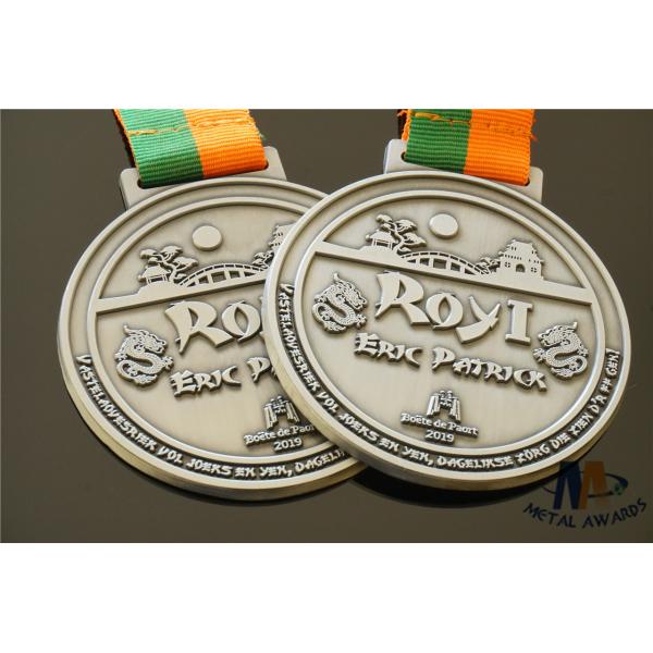 Personalized Dragon Engraved Medals Antique Silver Plated With Woven Ribbon Medailles