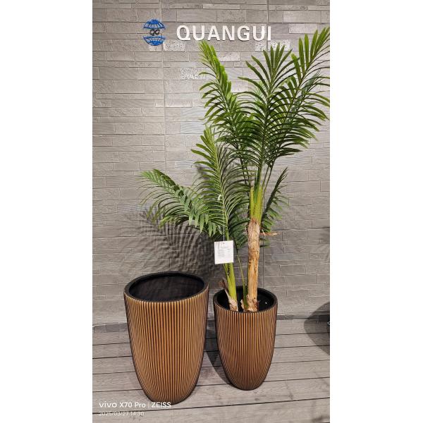 Tall Golden- Brown Hue Stripe Round Fiber Clay Planter Office Decoration Project