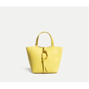 China 16cm Yellow Leather Tote Bag Cowhide Trapezoid Handbag on sale
