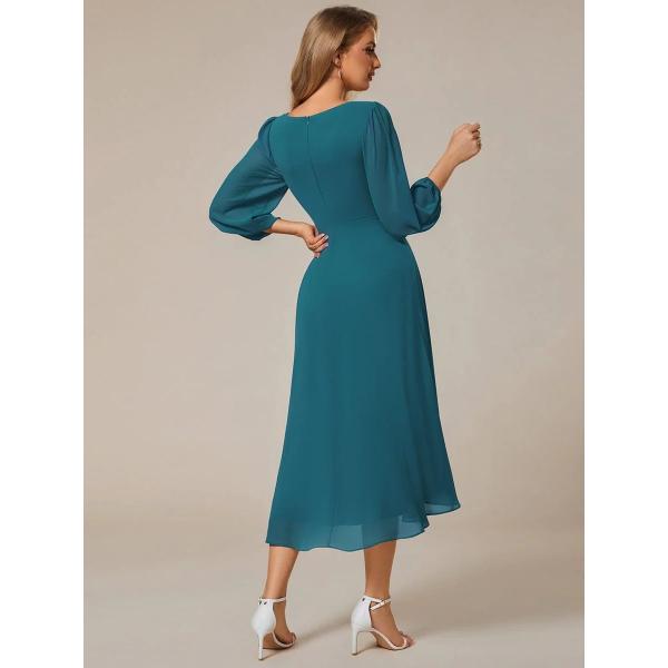 Elegant Empire Long Sleeve V-neck High Low A-line Ruffled Midi Teal Chiffon Wedding Guest Prom Dress