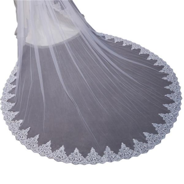 New Styles Customized Two Layers Appliqued Lace 3.5m*3m Cathedral Tulle Bridal Wedding White Veil With Hair Comb