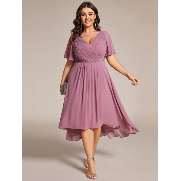 Empire Plus Size V-neck High-low A-line Short Sleeve Ruffled Purple Orchid Chiffon Wedding Guest Graduation Dress