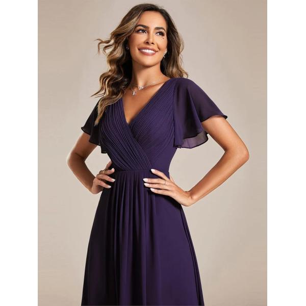Chic V-neck High-low Short Flutter Sleeves A-line Ruffles Midi Invisible Zipper Dark Purple Chiffon Cocktail Dress