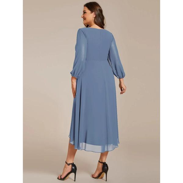 Elegant Empire Long Sleeve V-neck High Low A-line Ruffled Midi Dusty Navy Chiffon Wedding Guest Homecoming Dress