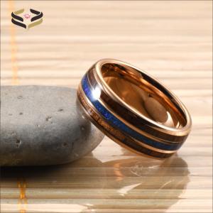 Rose Gold Plated Tungsten Carbide Ring with Koa Wood and Blue Opal Inlay Unisex
