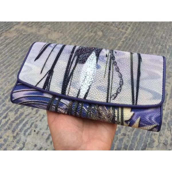 Authentic Stingray Skin Female Long Flower Trifold Wallet Genuine Leather Lady Large Clutch Bag Women Floral Coin Purse