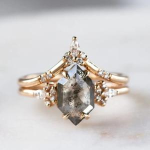 Hexagon Cut Salt and Pepper CZ Moissanite 925 Silver Ring Curved Matching