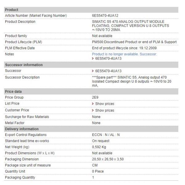 6ES5470-4UA12 Siemens Analog Ouput Module - 8AO