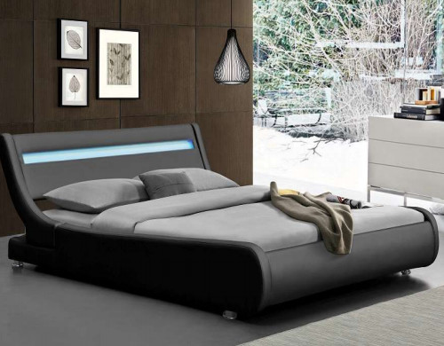 Home Upholstered Bed Frame Black Faux Leather With LED Light