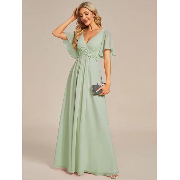 Sexy Empire Applique A-line Short Flutter Sleeves V-neck Invisible Zipper Dusty Navy Chiffon Prom Dress