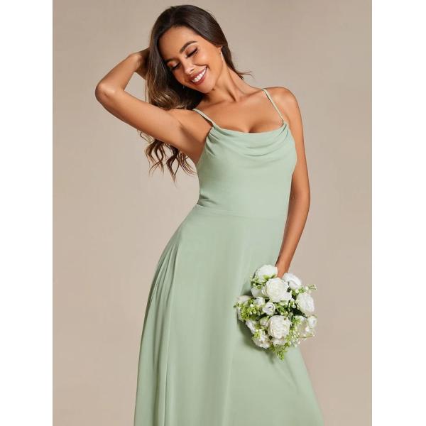 Boat Neck Empire A-line Ruffled Adjustable Spaghetti Strap Zipper Mint Green Chiffon Evening Dress