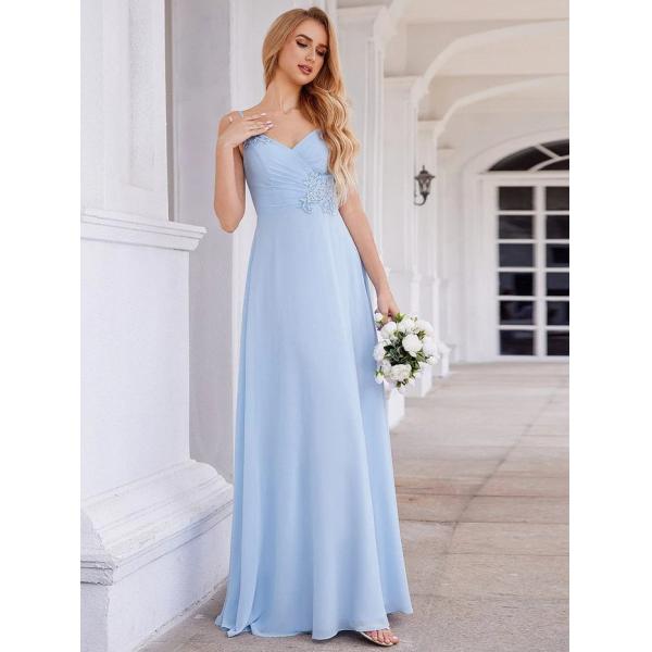 Chic V-neck Pleated Sleeveless Backless A-line Empire Spaghetti Strap Applique Waist Ice Blue Chiffon Evening Dress