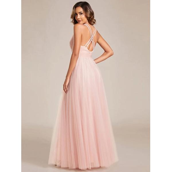 Charming Empire Beaded Sleeveless V-neck Ruffled Spaghetti Strap A-line Pink Tulle Evening Dress