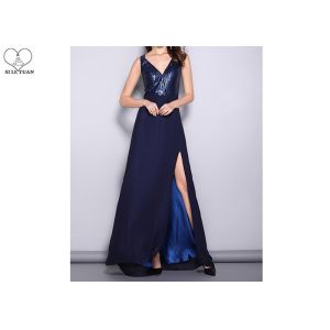 Sequins Navy Blue A Line Dress V Neck Sleeveless With High Slit Chiffon Fabric