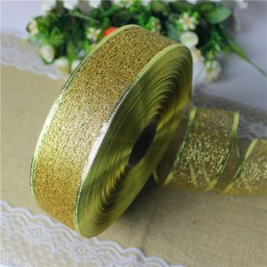 6.3cm Gold Glitter Wired Edges Ribbon For Christmas Holiday Decoration Metallic